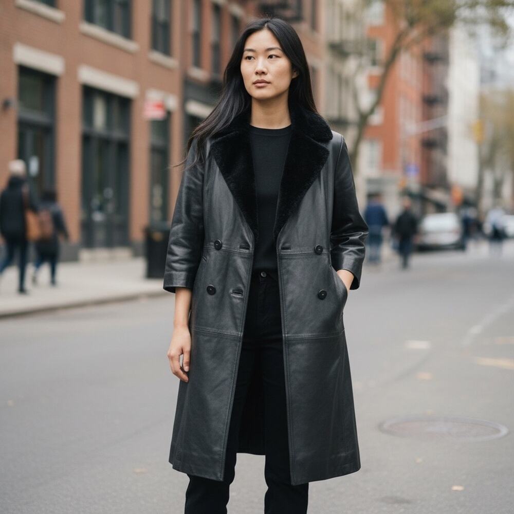 D.A.N.Y. Womens Medium Black Leather Trench Coat ⭐️